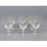Set of six 20th century etched liquor glasses with a grape and vine design, 4ins tall
