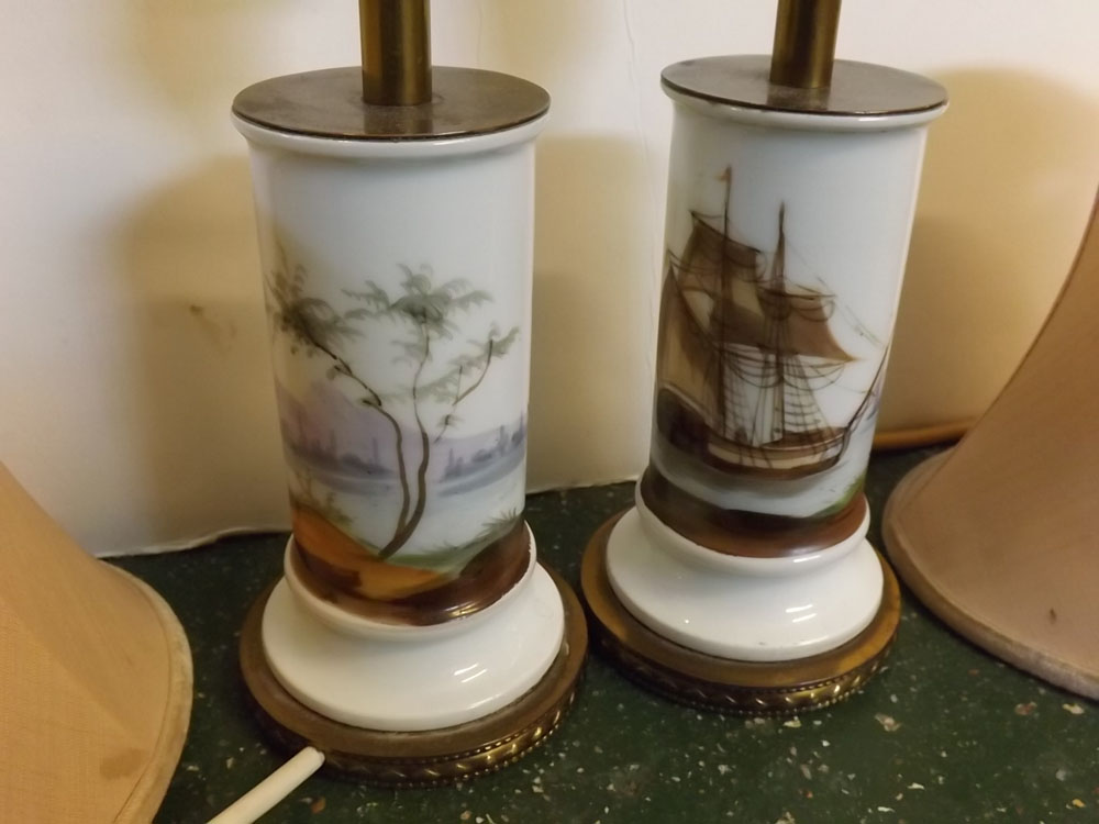 Pair of cylindrical ship painted electric lamps with brass cap and cylindrical base, puce shades, - Image 2 of 2