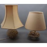 Two stoneware Bernard Rook electric table lamps, one with raised relief of flowers and the other