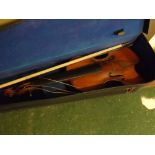 Black rexine cased vintage violin and bow (a/f)