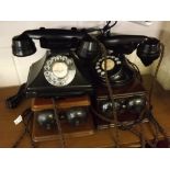 Black Bakelite pyramid telephone, model no 232, together with mahogany bell box and a further