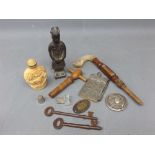 Mixed Lot: assorted vintage keys, resin carved scent bottle, silver dressing table jar top, mother