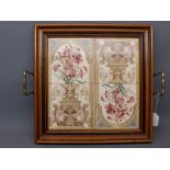 Good quality beechwood framed tray with four Victorian printed floral tiles to the base, with