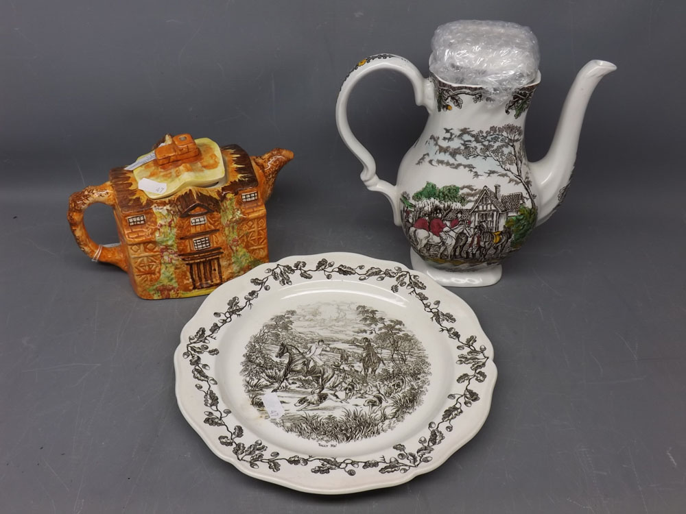 Cottage ware teapot, Myotts coffee pot and Wedgwood plate