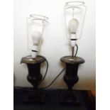 Pair of vintage black marble urns (converted to table lamps), 11ins high