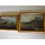 John Mace, monogrammed two oils on board, "Goat and ducks" and "Old Cottage", 4 1/2 x 6 1/2 ins
