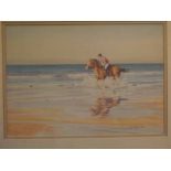 John Rowbottom, signed watercolour, Horse and rider on a beach, 9 1/2 x 13 1/2 ins
