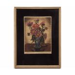 Indistinctly signed, coloured woodblock, Still life study of flowers in a vase, 13 x 10ins