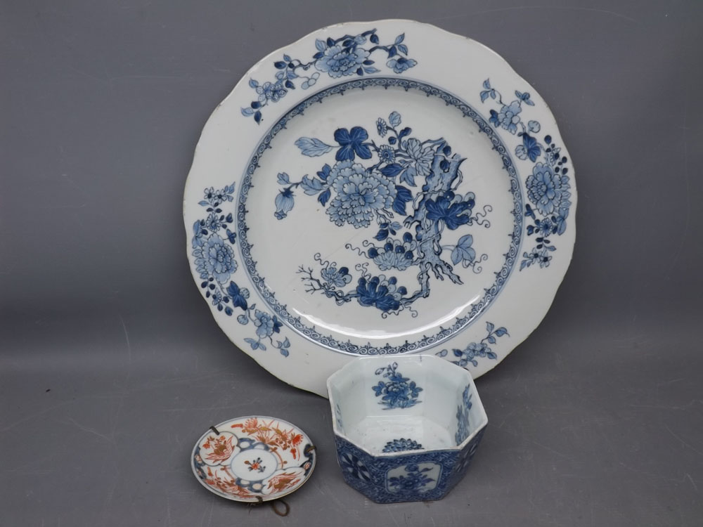 Nanking circular plate (cracked), further Oriental small dish and one other, largest 11 1/2 ins diam