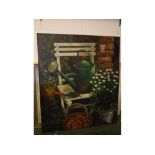 Unsigned modern oil, Garden scene with seat, watering can, basket of apples etc, 44 x 38ins,