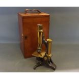 Vintage brass and anodised microscope by Baker, High Holborn, London in fitted case