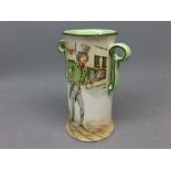 Royal Doulton series ware cylindrical vase with two shaped handles, printed scene of Alfred