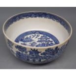 Willow pattern printed blue and white bowl with printed mark to base, 9ins diam