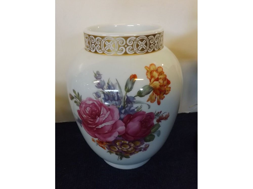 KPM floral painted vase with gilded rim, printed mark to base, 9ins tall