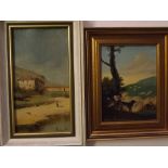 JK, initialled oil on panel, Shepherd resting under a tree with dog and sheep, 9 x 6 1/2 ins