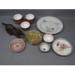Metal model of a cat, various Satsuma type and other tea wares, decorative plate etc