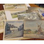 Folder of assorted unframed watercolours, varying artists and subjects