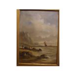 Indistinctly signed lower left, Victorian oil on canvas, Coastal view with figures, 21 1/2 x 15 1/