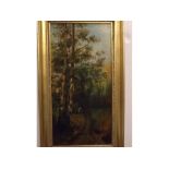 19th century English School oil on canvas, Woodland scene with figure, 19 x 9 1/2 ins