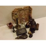 Box various metal ware including antimony cigarette box, 19th century copper and brass powder flask,