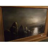G Jennings, signed pair of oils on board, Moonlit coastal and river views, 14 1/2 x 23 1/2 ins (2)