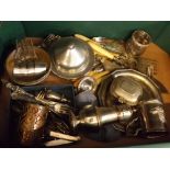 Box of various silver plate including salver, lighthouse sifter, cutlery etc