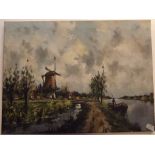 Toon Koster, signed oil on canvas, Dutch river landscape with windmill, 23 1/2 x 31 1/2 ins,