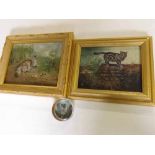John Mace, monogrammed two oils on board, Cats in a landscape, 6 x 7 1/2 ins and 6 1/2 x 8 1/2 ins