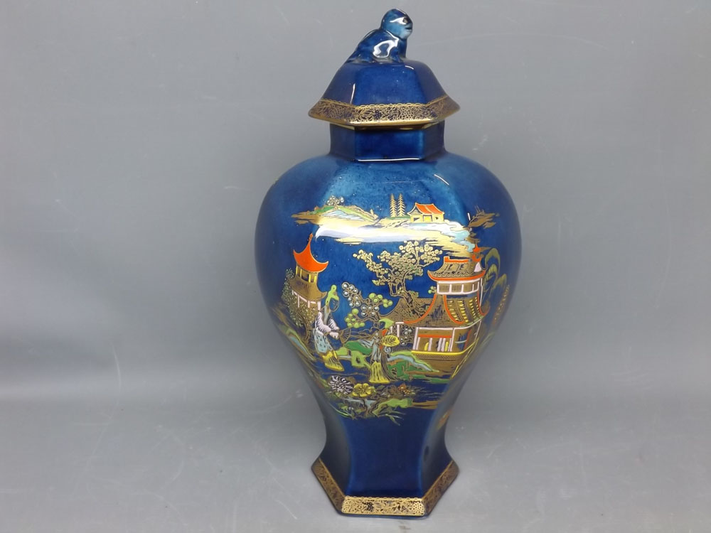Carlton ware hexagonal formed vase with blue ground, decorative Oriental scene (a/f), 14ins high,