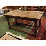 Oak/elm plank top refectory table, turned legs with carved side stretchers and frieze, 54ins long