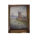 John Mace, monogrammed oil on board, Landscape with Mill, 7 1/2 x 5 1/2 ins