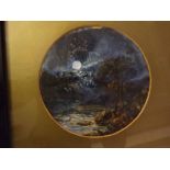 Unsigned oil, Moonlit river landscape, 6ins diam