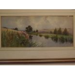 W F May, signed watercolour, river landscape, 9 x 20ins