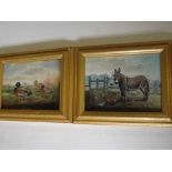 John Mace, monogrammed pair of oils on board, Ducks and Donkey and Chickens, 6 x 7 1/2 ins (2)