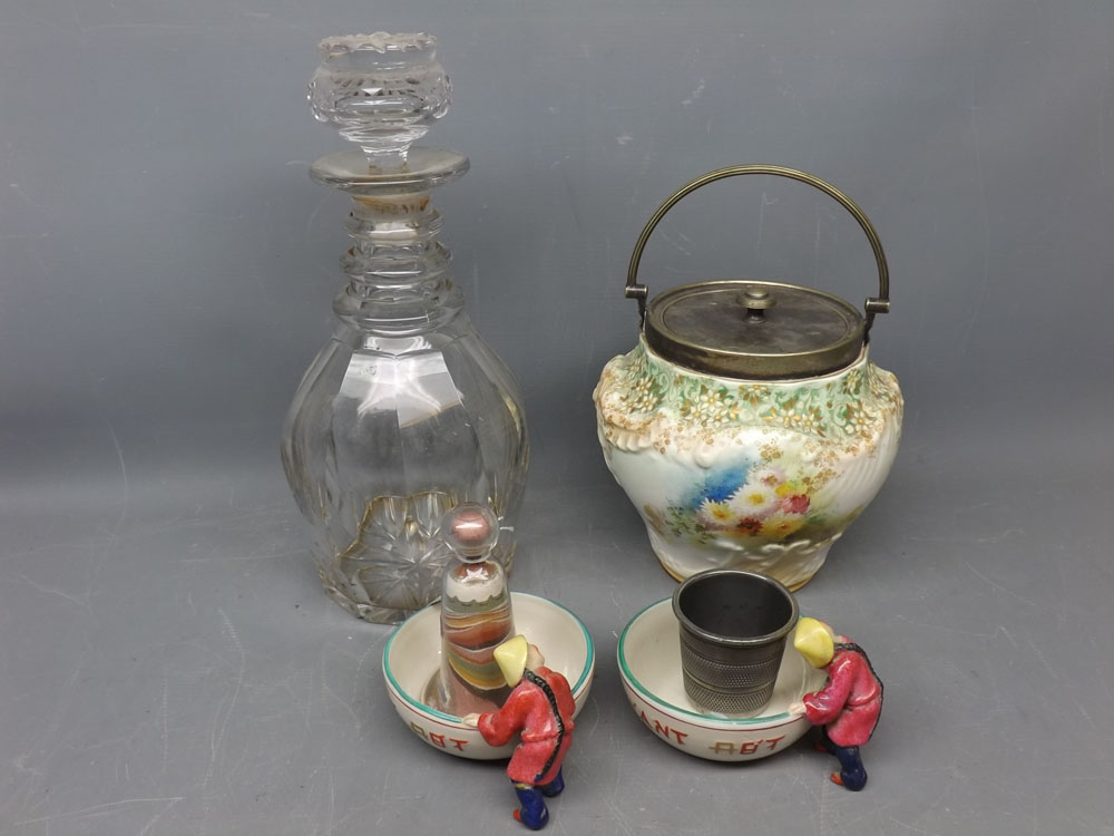 19th century decanter, decorative biscuit barrel, pair of unusual dishes, tot measure "just a