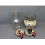19th century decanter, decorative biscuit barrel, pair of unusual dishes, tot measure "just a