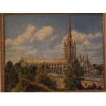 A J S, initialled oil on board, Norwich Cathedral, 13 1/2 x 17 1/2 ins