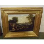 19th century English School, oil on canvas, Extensive landscape with figures, 18 x 24ins