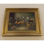 Unsigned modern oil, Chickens in a farmyard, 11 1/2 x 15 1/2 ins