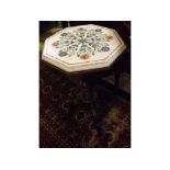 Pietra dura hexagonal top table with multi-coloured floral stone inlay, with an associated