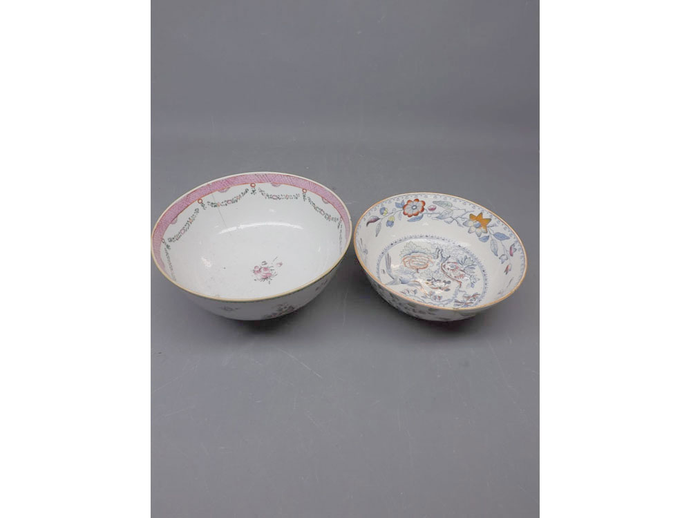 Chinese export circular bowl with floral sprigs and garlands, together with a Mason's ironstone