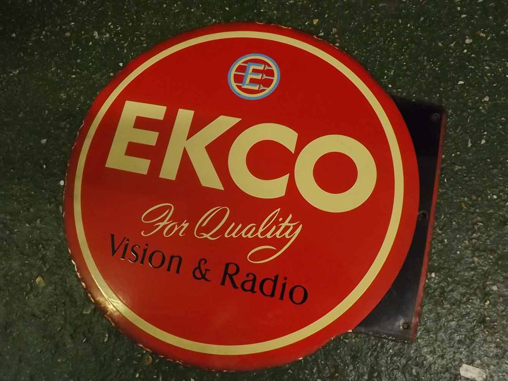 Vintage circular "Ekco Vision and Radio" double sided enamel sign, (a/f) 18ins wide x 17ins deep