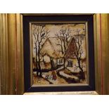 A D, monogrammed, oil on board, Continental winter landscape with figure by cottages, 8 1/2 x 7 1/