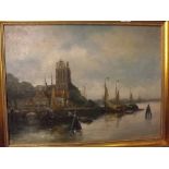 G Beld Kamp, signed oil/board, Continental harbour scene with boats and figures, 17 x 23ins