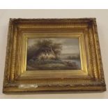 19th century English School, oil on canvas, River landscape with cottage, 7 1/2 x 11 1/2 ins