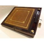 19th century mahogany writing slope with brass inlay and fitted glass inkwells, 18ins wide x 10ins