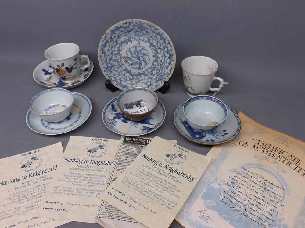 Group of three Nanking blue and white teabowls and saucers together with a further cup and saucer