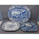 Two 19th century blue and white printed plates, one with a farmyard print, the other with a floral