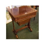 Victorian mahogany work table on two plank legs and a sleigh base, with single drawer, 22 1/2 ins