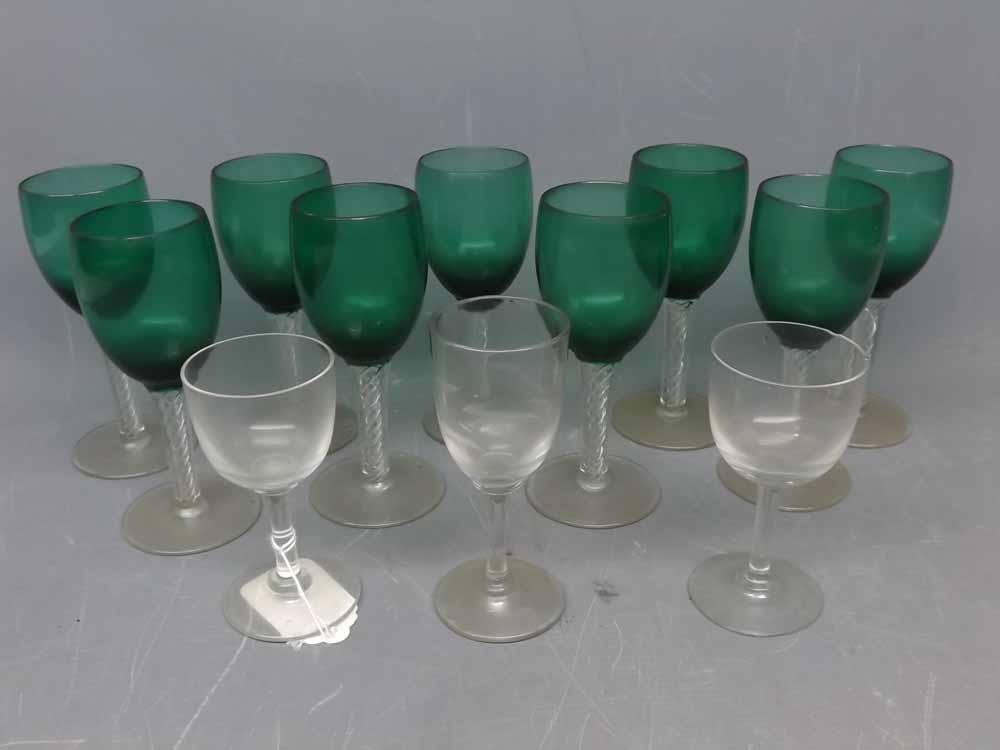 Mixed Lot: 12 wine glasses, 3 with clear bowls and 9 with green bowls, with air twist stems, 5ins